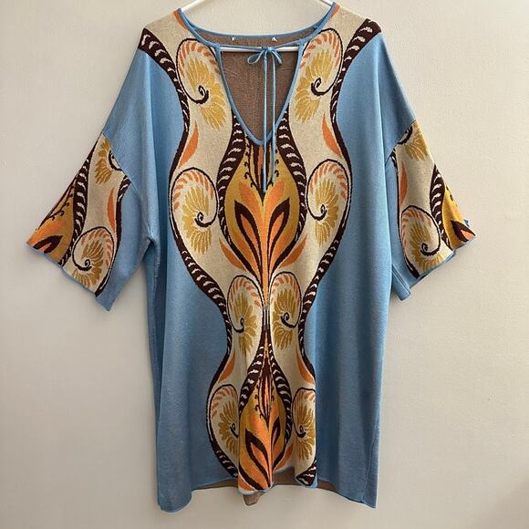 Zara Oversized Boho Jacquard Knit Tunic Mini Sweater Dress Kaftan Short Sleeve M - Picture 1 of 9